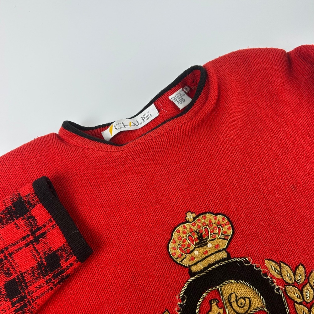 Vintage 90s WMNS M Chaus Red Crest Embroidered Old Money Plaid Trim Sweater